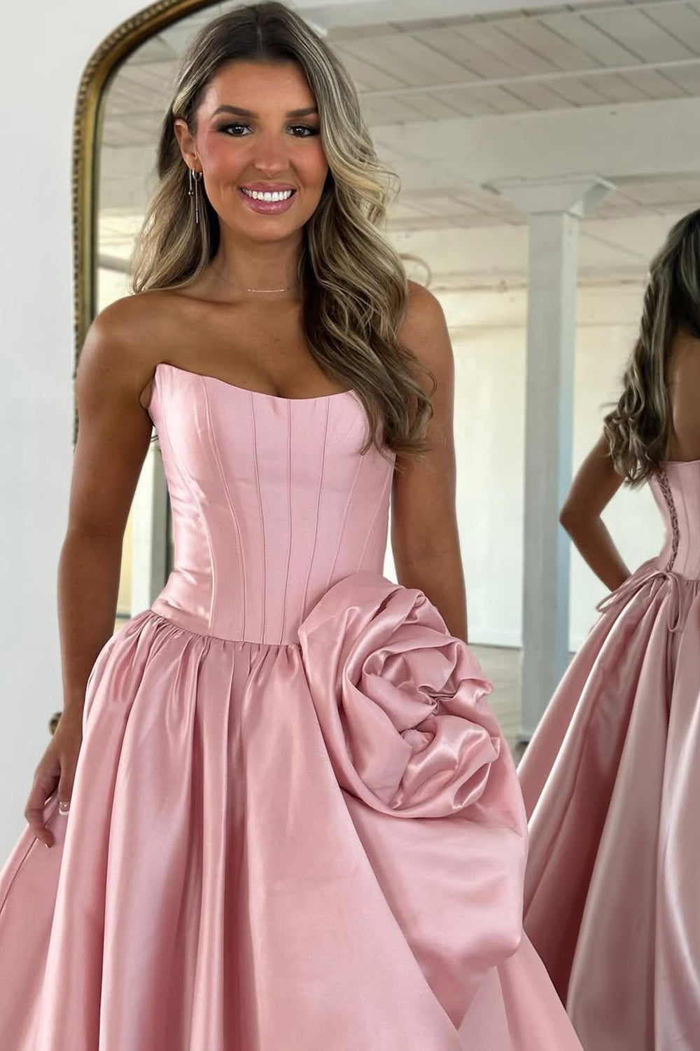A-Line Strapless Red Satin Prom Dresses with Handmade Flower LD16012707