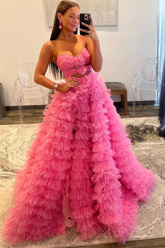 Reyna | Pink Sweetheart Ball Gown Prom Dress with Printed Tiered Tulle