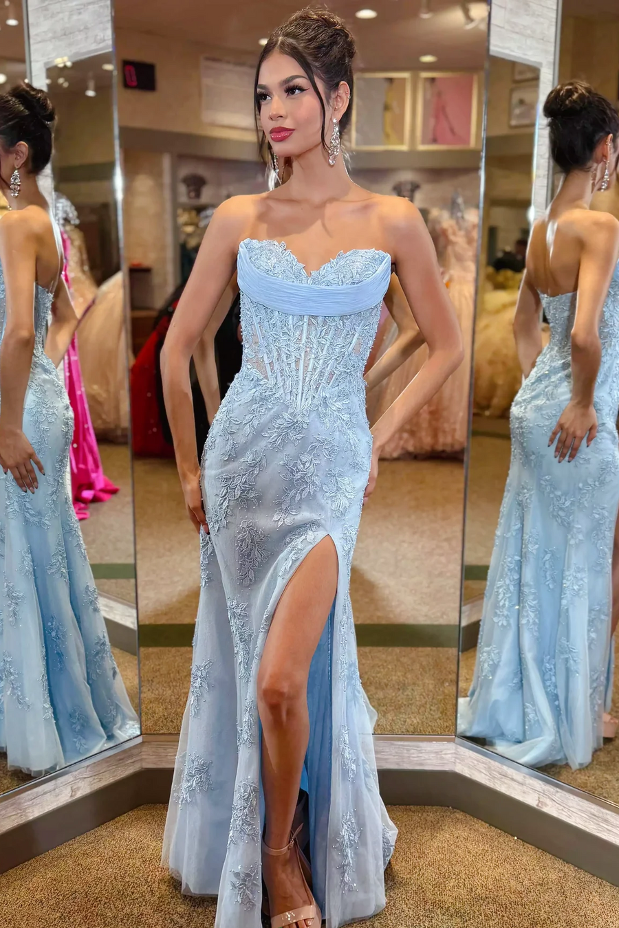 Mermaid Sweetheart Yellow Lace Appliques Long Prom Dresses with Slit LD16011401