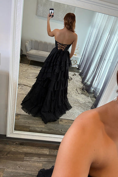 Classic Ball Gown Strapless Black Chiffon Ruffle Tiered Prom Dresses with Slit LD16010706