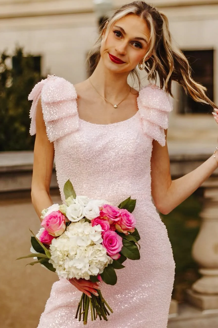 Sparkly Mermaid Sccop Neck with Bow Straps Pink Sequins Prom Dresses LD16011403