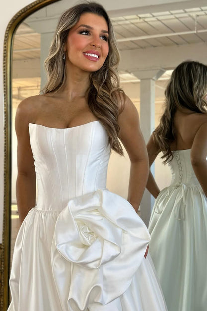 A-Line Strapless Red Satin Prom Dresses with Handmade Flower LD16012707