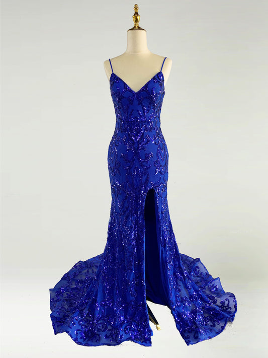 Celeste | Graceful Sapphire Blue Mermaid Satin Prom Dress with Illusion Neckline and Appliques