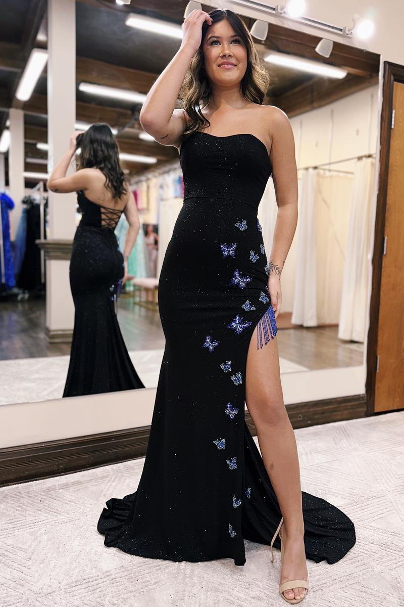 Maren | Glitter Strapless Mermaid Prom Dress with Fringe Details