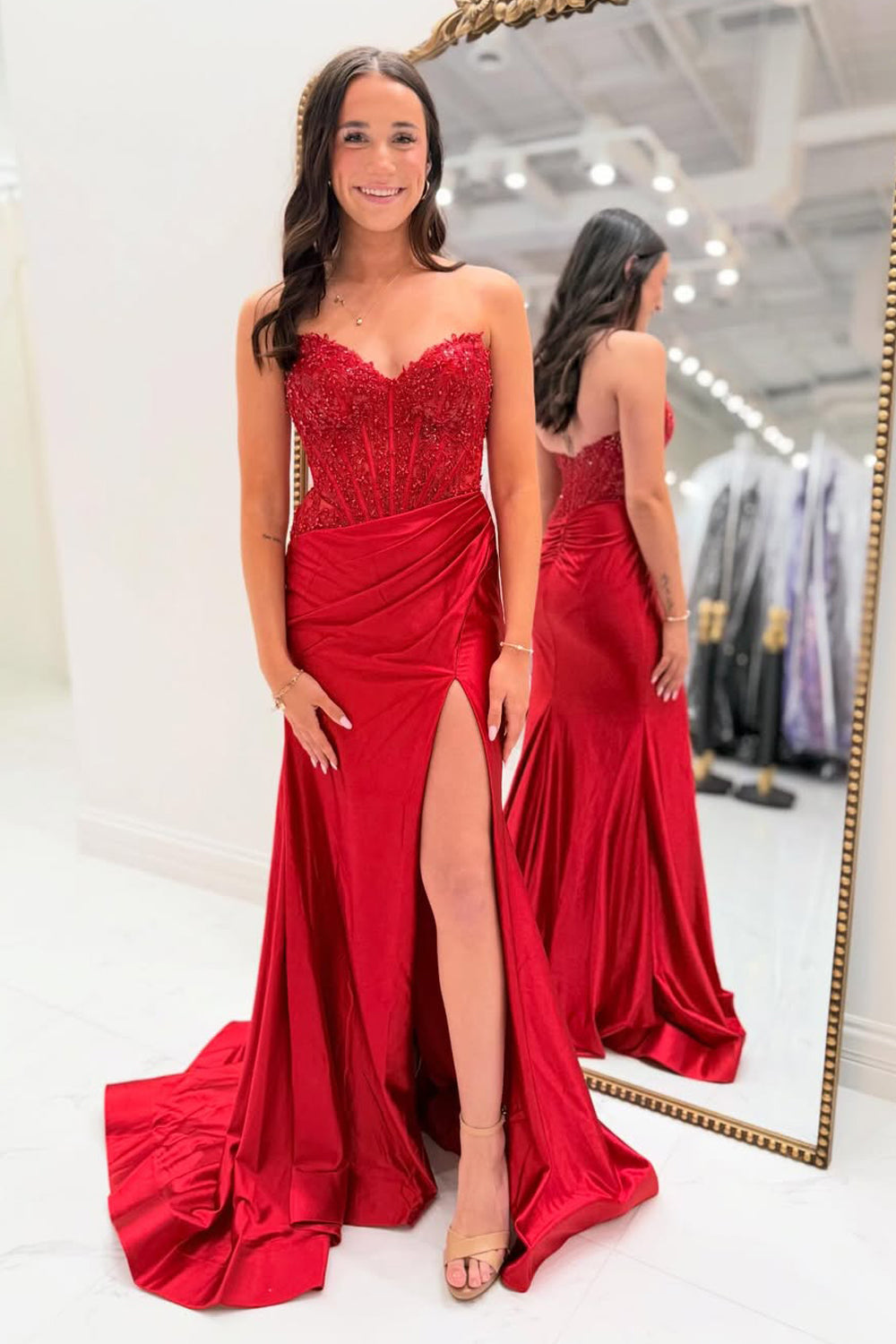 Mermaid Strapless Red Corset Appliques Long Prom Dresses with Slit LD26012902