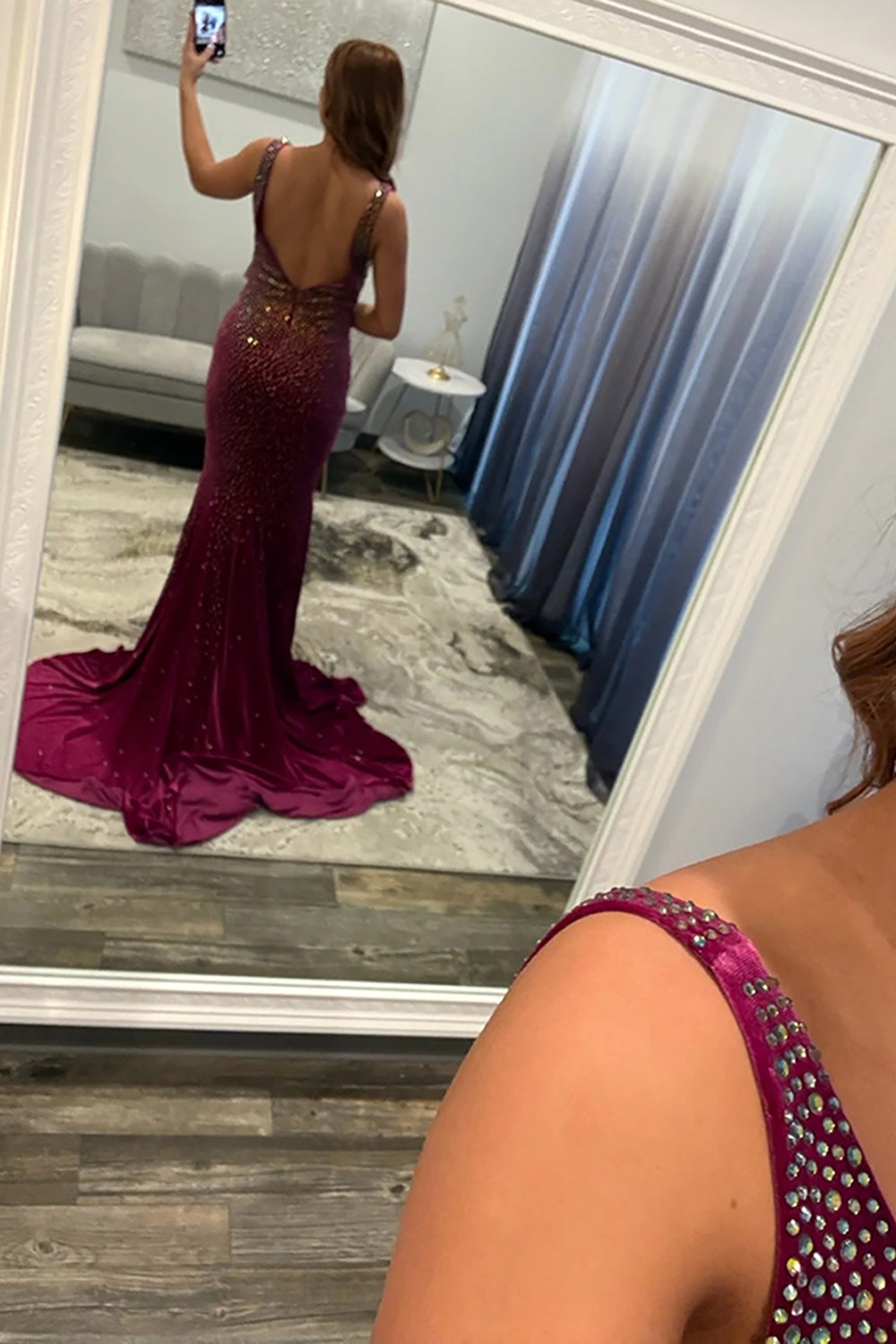 Mermaid Deep V Neck Backless Burgundy Satin Long Prom Dresses with Beads LD16010505