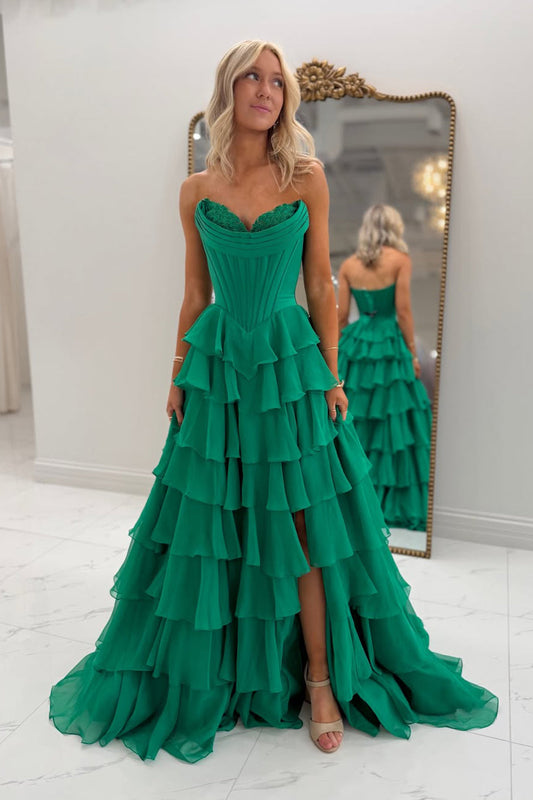 Gorgeous A Line Sweetheart Green Chiffon Tiered Prom Dress with Slit LD15121807