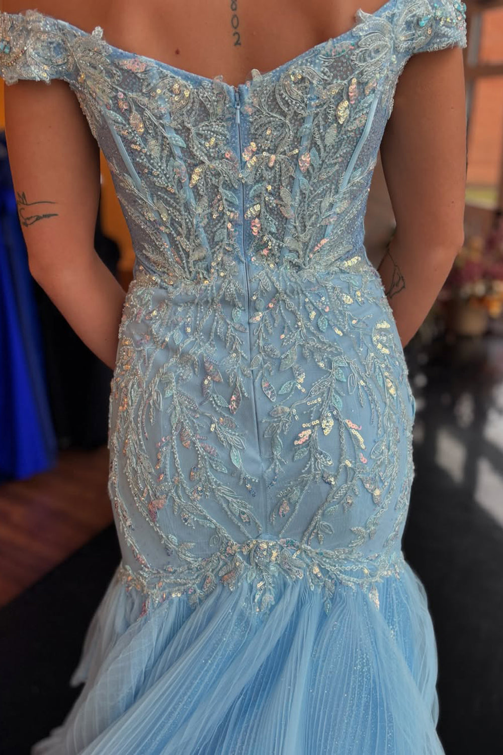 Elegant Off-the-Shoulder Light Blue Satin Mermaid Prom Dress with Sequin Appliques