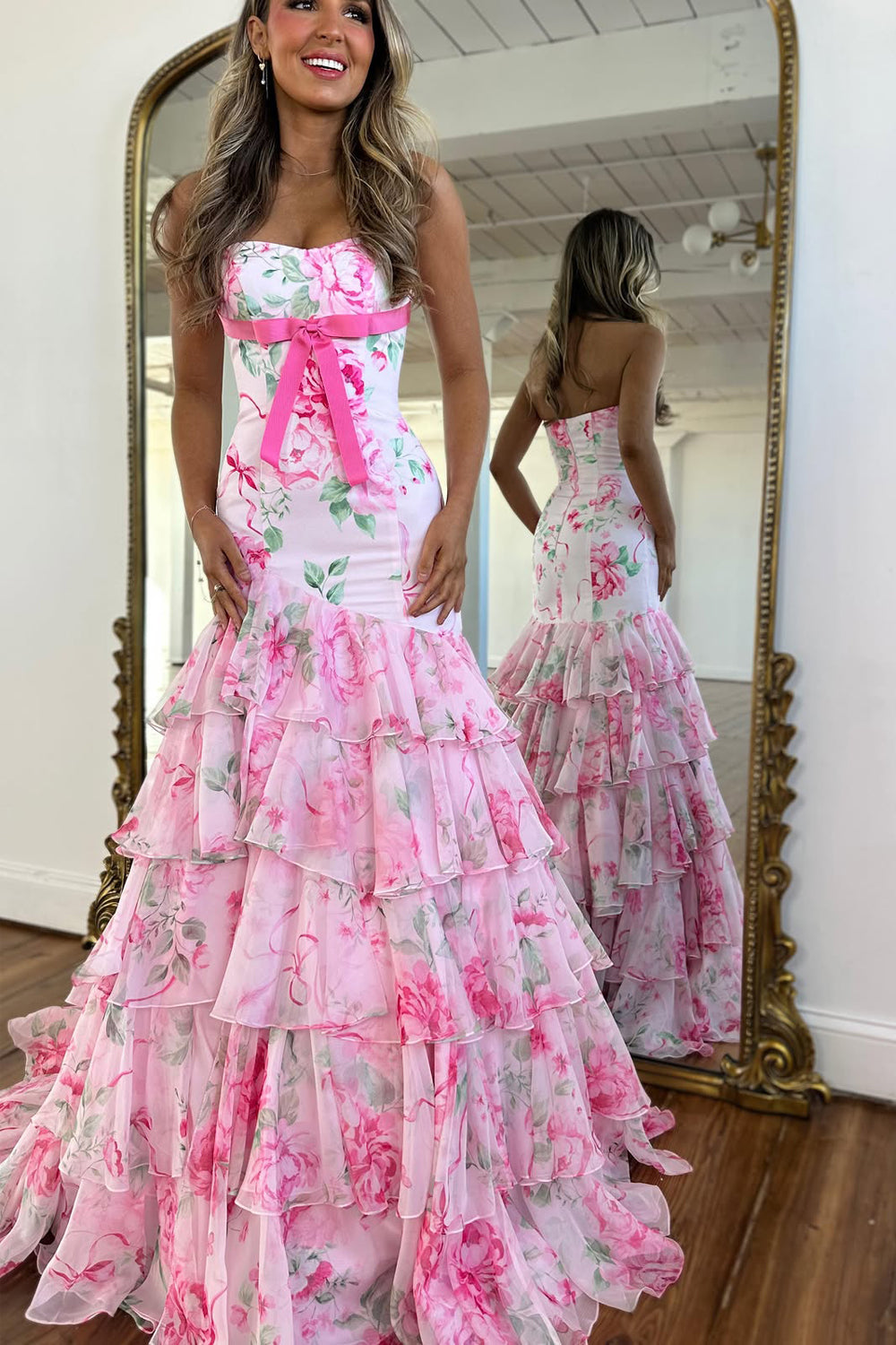 Cute Mermaid Sweetheart Pink Floral Chiffon Prom Dress LD16122901