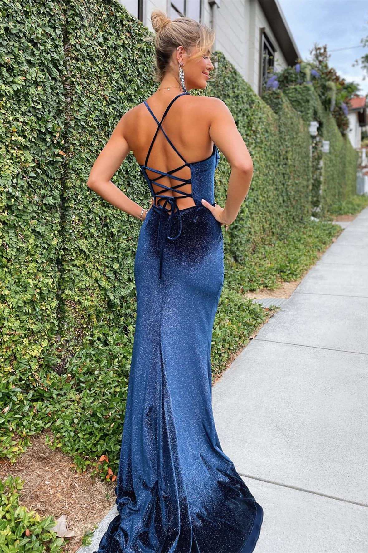 Charming Mermaid Navy Blue Velvet Corset Prom Dress with Illusion Neckline and Slit