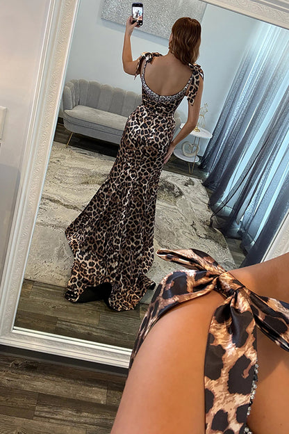 Mermaid Square Neck Brown Leopard Long Prom Dresses with Beads LD16011204