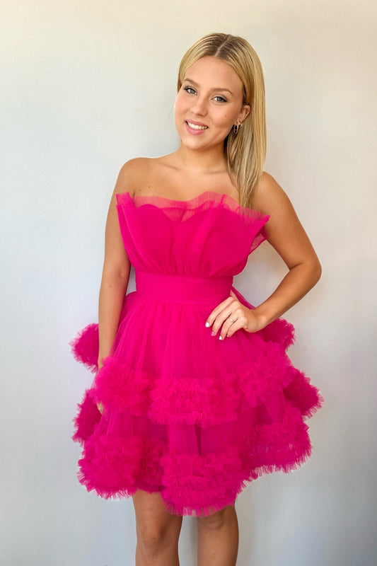 Cute A Line Strapless Fuchsia Tulle Short Homecoming Dresses LD080606