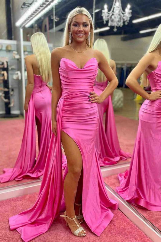 Jovie | Hot Pink Strapless Pleated Long Prom Dress with Slit