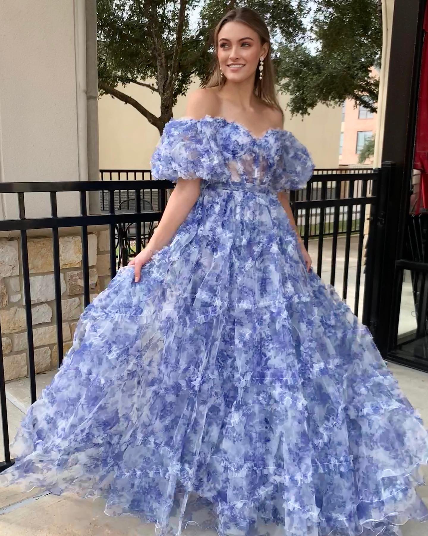 Sydney | Off-the-Shoulder Blue Floral Print Tulle Prom Dress with Ruffles