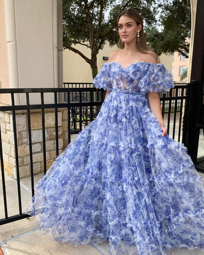 Sydney | Off-the-Shoulder Blue Floral Print Tulle Prom Dress with Ruffles