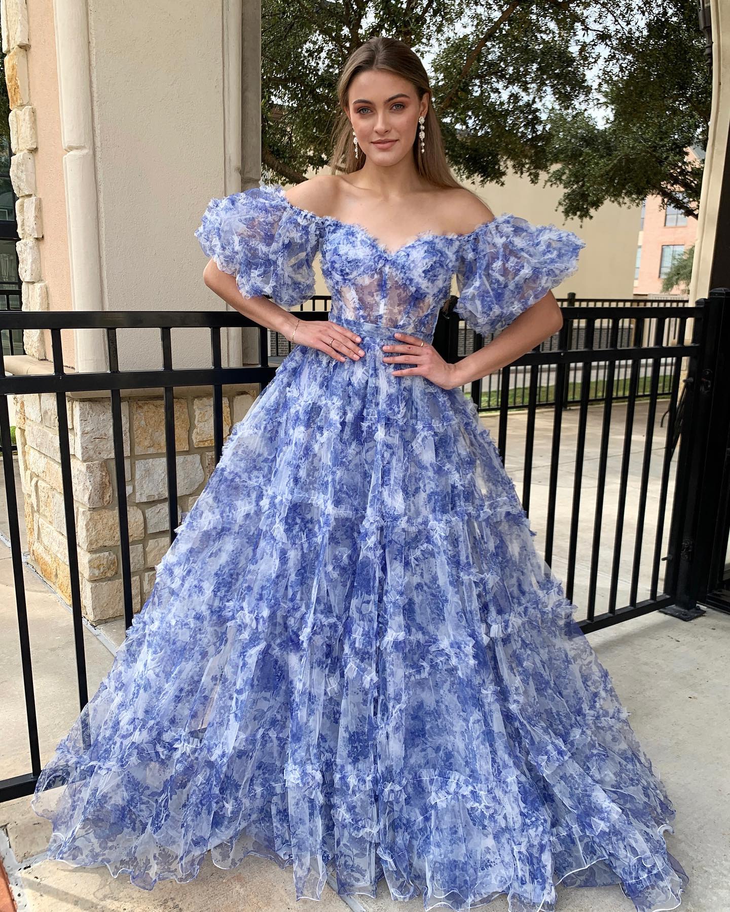 Sydney | Off-the-Shoulder Blue Floral Print Tulle Prom Dress with Ruffles