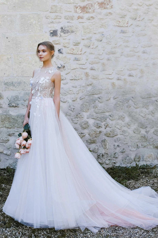 Sleeveless A-Line Tulle Dress with Jewel Neckline, Pleats, and Illusion Appliqués