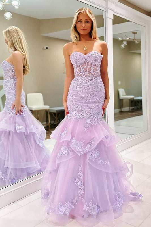 Charming Lavender Mermaid Prom Dress with Lace Appliques