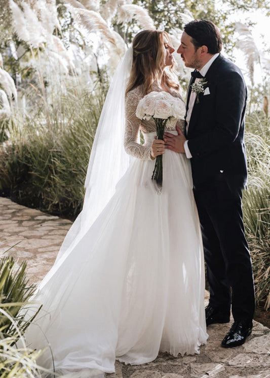 Luxurious A-Line Tulle Wedding Dress with Pleats, Lace Beading, and Long Sleeves