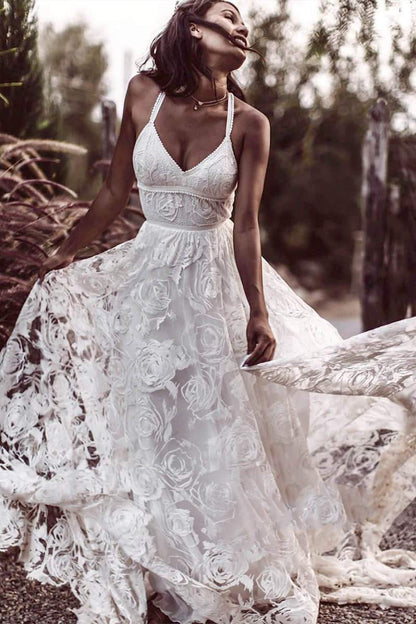 Bohemian Lace Halter A-Line Wedding Dress with Slit