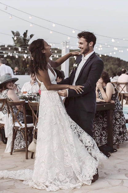 Bohemian Lace Halter A-Line Wedding Dress with Slit