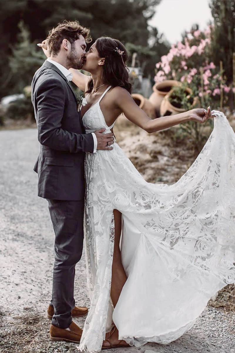 Bohemian Lace Halter A-Line Wedding Dress with Slit