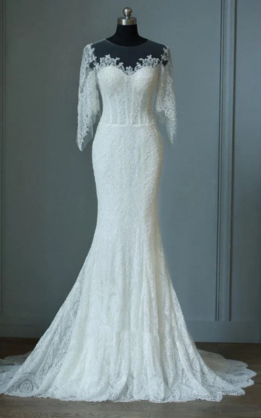 Isabelle | Mermaid Lace Dress with Half Sleeves, Bell Design, Sweep Train, and Keyhole Zipper Back