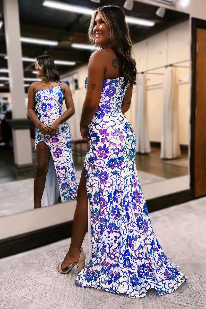 One-Shoulder Sequin Appliqué Mermaid Prom Dress with Slit