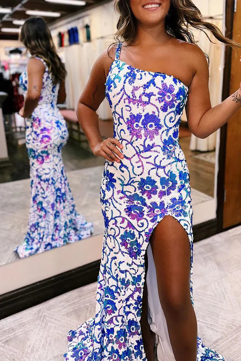 One-Shoulder Sequin Appliqué Mermaid Prom Dress with Slit