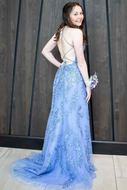 Royal Blue Mermaid Prom Dress with Spaghetti Straps, Slit, and Floral Appliques Detail