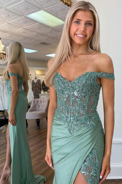 Modesty | Green Off-the-Shoulder Appliqued Mermaid Prom Dress with Split