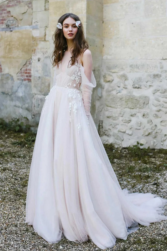 Romantic Illusion Off-the-Shoulder Tulle Wedding Dress with Flower Appliqués