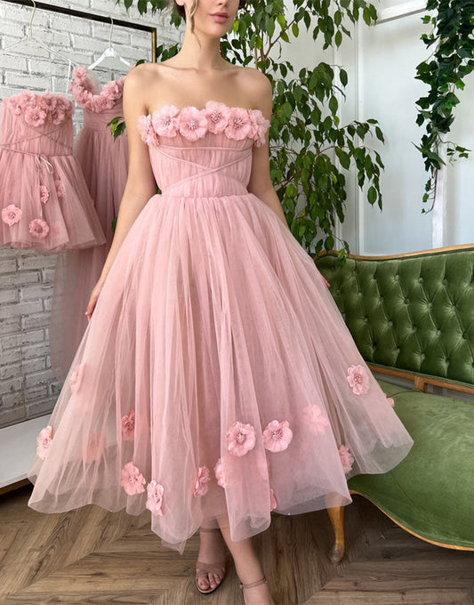 Pandora | Strapless Light Pink Princess Prom Dress with Floral Accents