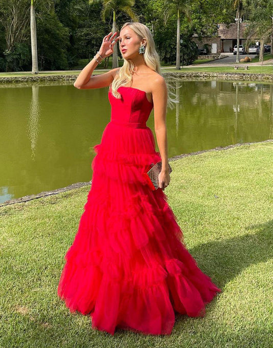 Matilda | Red Strapless A-Line Evening Dress with Multi-Tiered Ruffled Tulle