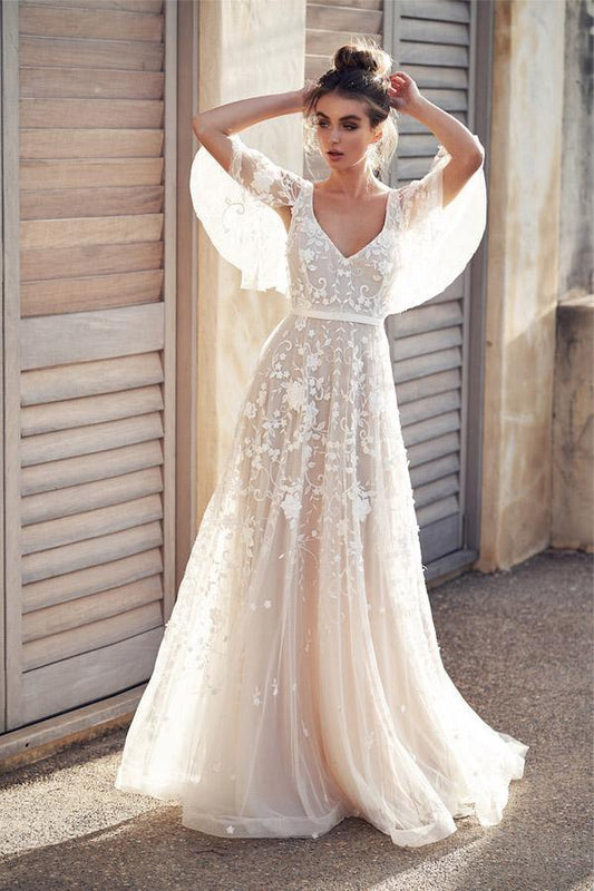 Modern Romantic A-Line Chiffon Lace Wedding Dress with V-Neck and Long Sleeves