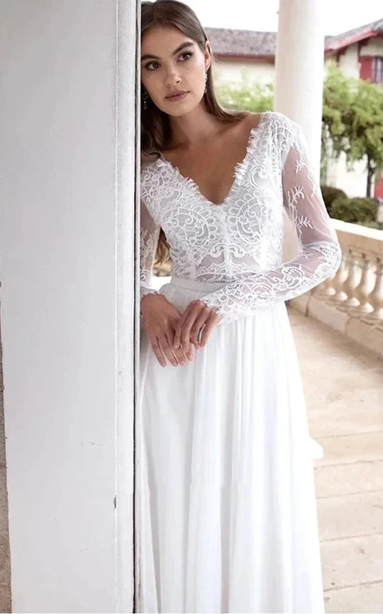 Modern Romantic A-Line Chiffon Lace Wedding Dress with V-Neck and Long Sleeves