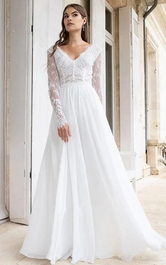 Modern Romantic A-Line Chiffon Lace Wedding Dress with V-Neck and Long Sleeves