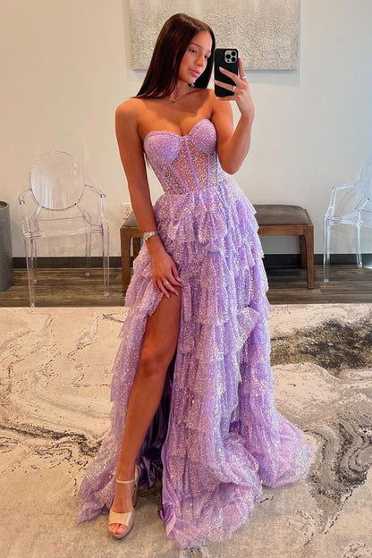 Lila | Lavender Sweetheart A-Line Sequin Tiered Prom Dress with Slit