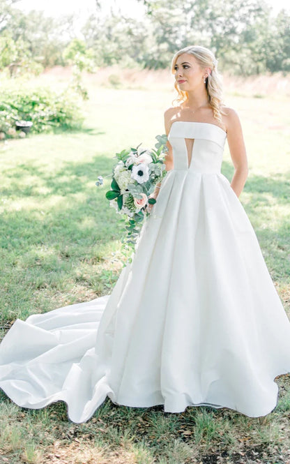 Satin A-Line Strapless Beach Wedding Dress with Button Back and Chapel Train