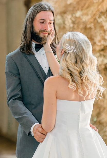 Satin A-Line Strapless Beach Wedding Dress with Button Back and Chapel Train