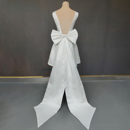 Karelia | Short A-Line Satin Wedding Dress with V-Neck and Large Bow