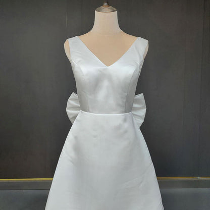 Karelia | Short A-Line Satin Wedding Dress with V-Neck and Large Bow