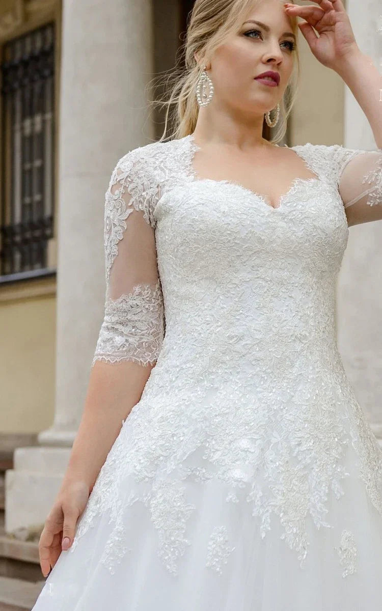 Queen Anne | Simple Ball Gown Floor-Length Half Sleeve Lace Wedding Dress with Appliques