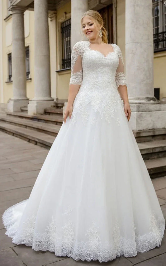 Queen Anne | Simple Ball Gown Floor-Length Half Sleeve Lace Wedding Dress with Appliques