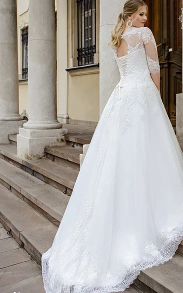 Queen Anne | Simple Ball Gown Floor-Length Half Sleeve Lace Wedding Dress with Appliques