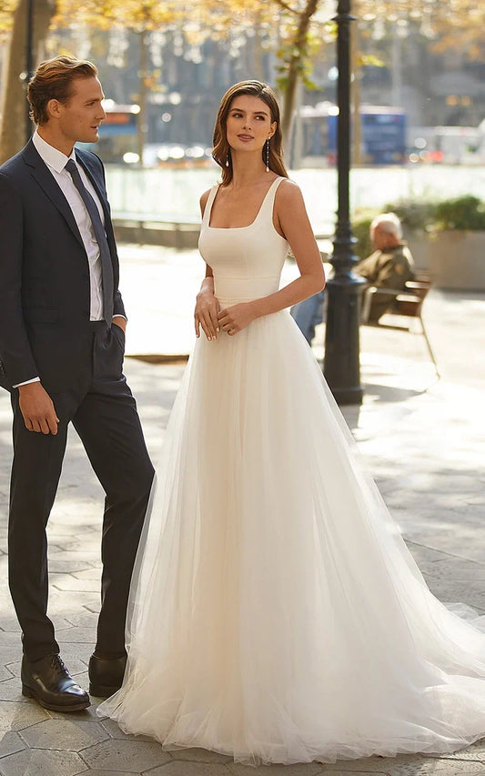 Luciana | Simple A-Line Tulle Wedding Dress with Square Neck and Sweep Train