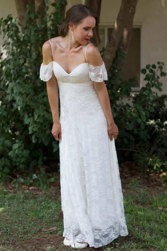 Off-the-Shoulder Lace Floor-Length Wedding Dress with Spaghetti Straps