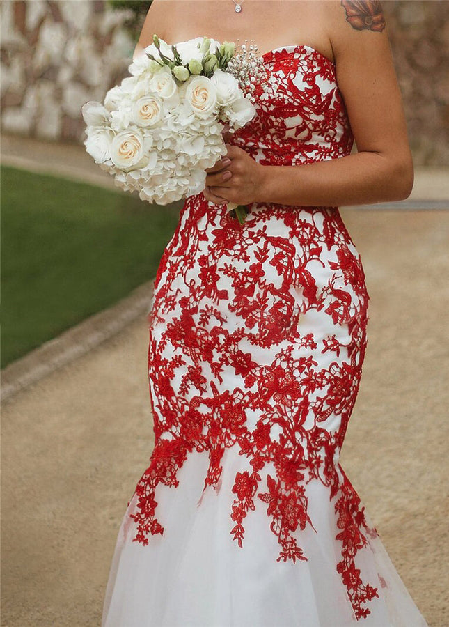 strapless open back dress Sweetheart Sleeveless Mermaid Wedding Dress with White-Red Lace Appliq –  Lovedreamdress