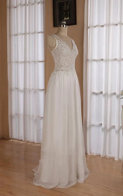 V-Neck Sleeveless Backless Floor-Length Chiffon Wedding Dress with Sequins