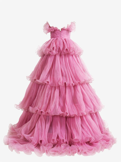 Vanessa | Pink Strapless A-Line Crinkled Tulle Prom Dress with Tiered Ruffles